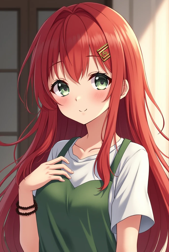{-erro_de_anatomia:1.0} kushina, kushina, long hair, hair ornament, red hair, red head, hairclip, (grey eyes:1.5), BREAK shirt, dress, white shirt, bracelet, green apron, collar, BREAK looking at viewer, upper body, cowboy shot, BREAK indoors, BREAK (masterpiece:1.2), best quality, high resolution, unity 8k wallpaper, (illustration:0.8), (beautiful detailed eyes:1.6), extremely detailed face, perfect lighting, extremely detailed CG, (perfect hands, perfect anatomy), smile
