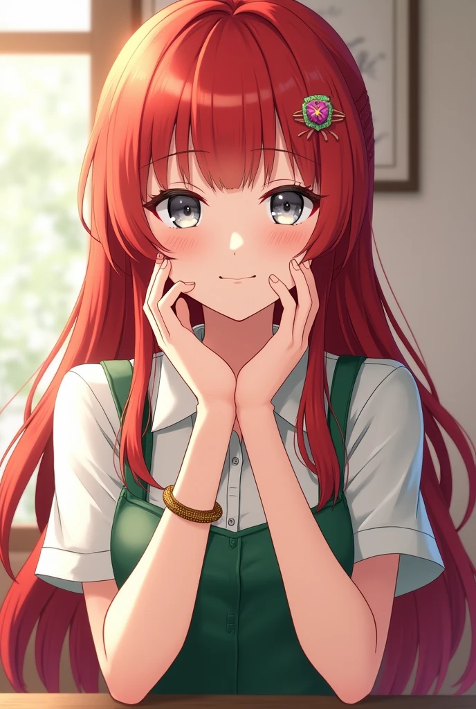 {-erro_de_anatomia:1.0} kushina, kushina, long hair, hair ornament, red hair, red head, hairclip, (grey eyes:1.5), BREAK shirt, dress, white shirt, bracelet, green apron, collar, BREAK looking at viewer, upper body, cowboy shot, BREAK indoors, BREAK (masterpiece:1.2), best quality, high resolution, unity 8k wallpaper, (illustration:0.8), (beautiful detailed eyes:1.6), extremely detailed face, perfect lighting, extremely detailed CG, (perfect hands, perfect anatomy), smile