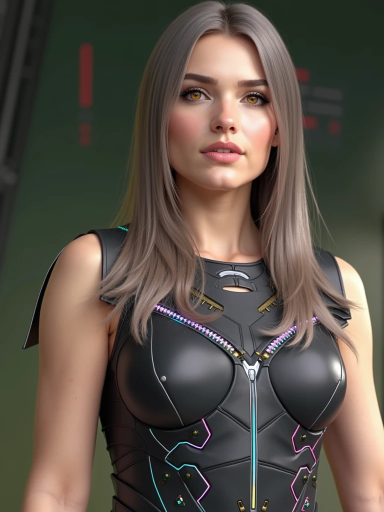 A fierce female warrior with long, ashen skin, flowing silver hair, silver eyebrows, her eyes are gold and silver color. her armor etched with glowing rainbow colored circuits, luminescent gold lines, lining strip of RGB led lighting and electronic chip, cleavage can be seen trough the armor. stands in the arena. leaning on object, head slightly tilt seductive gaze, looking at viewer seductively, long fingernails, finger less gauntlet, Surrounding her is a vortex of luminous circuitry crowd, casting intricate patterns of light on her armor. The scene is rendered with photo realistic detail, the lighting capturing the interplay between the metallic textures and the pulsating rainbow colored energy energy of the digital backdrop in a dynamic light. hyper realistic armor, light particles, soft lighting, volumetric lighting, intricate details