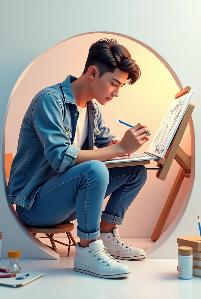 Create a 3D illustration of an animated instagram profile picture in which a male artist draw a hyper realistic drawing. The character must wear casual modern clothing such as jeans jacket and sneakers shoes. Remember the pic you generate is in circle shape border . The image you generated is in circle frame.change the sketch