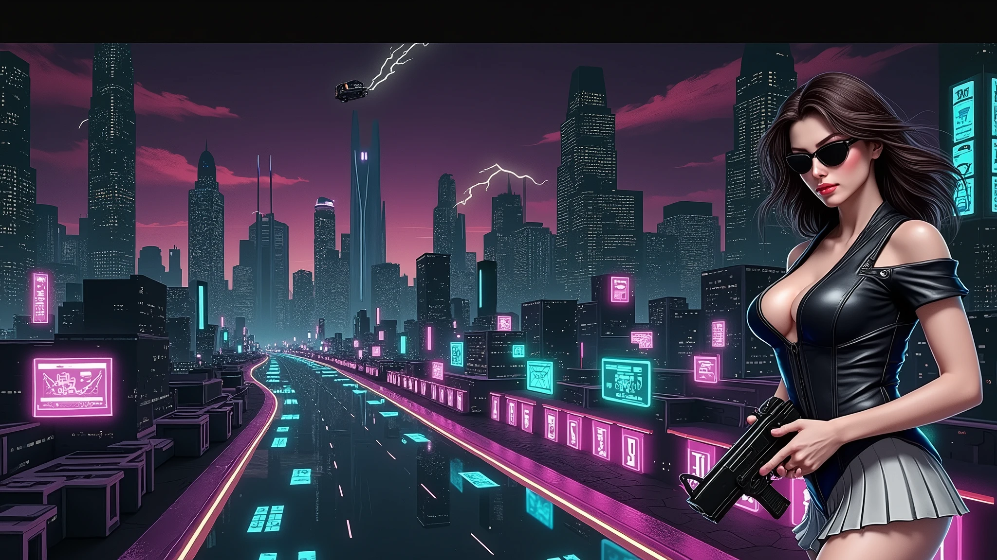 Futuristic cityscapes with colorful all-glass outlined towering skyscrapers with lightning, flying vehicle. High-resolution OLED GUI interfaces in the building, The windows are filled with transparent data visualization infographics that show it all, Egyptian fantasy arts, Egyptian statue, (Egyptian hieroglyphics). Colors are saturated and vibrant. At night, (1girl, solo, alone), photorealistic, large-breast slim:0.6 body, oval:0.5 face, cleavage:1.1, very low angle view of pleated miniskirt, deep-v, (upskirt), glove, (Matrix style black micro sunglasses), (aiming viewer with a short gun), dynamic running pose, (half-body thigh level close-up shot), cinematic lighting, ray tracing, motion blur background.