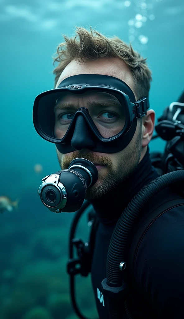 man diver, looking straight ahead, wearing a diving mask in the ocean, face completely covered.