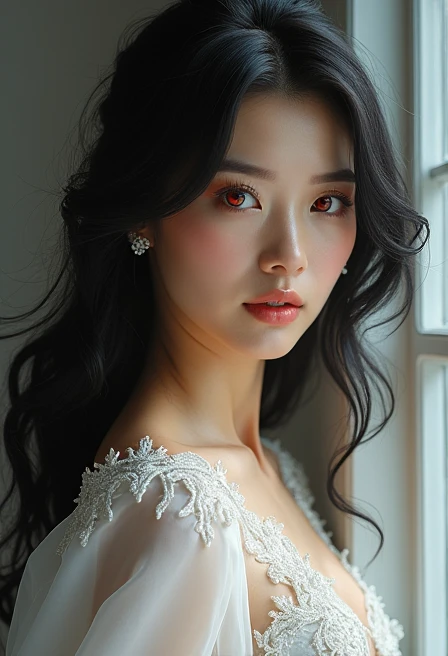 hyper- realism, hyperdetailed, photorealism, Beautiful woman dressed as a bride , Bblack hair,Eyes red