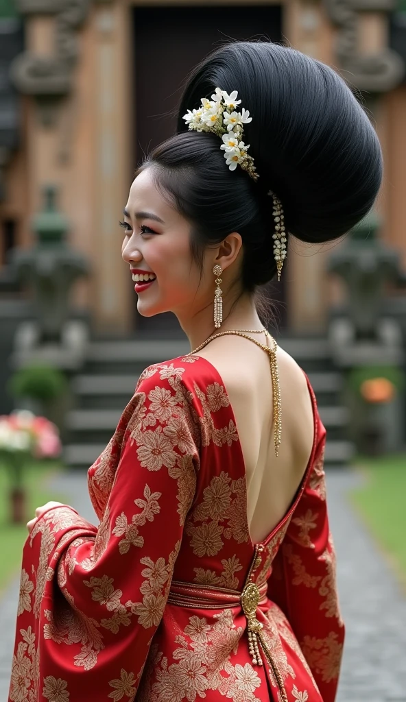   Masterpiece, Best Quality, High Resolution, High Details, Super Detailed, High Quality, Textured Skin, UHD,  full body of Japanese wedding woman in  kebaya dress traditional and batik skirt, looking at viewer, jewelry on hair, tiny strain white jasmine hair ornaments,  ,((full body shot)),from head to toe,with a very big hair bun, (the size of her bun is 6 times the size of her head),very big very big hair bun traditional Javanese hair bun,(circle bun),shiny black hair,,laugh, ((looking back over shoulder ))Ultra-Wide Angle,on  Javanese temple