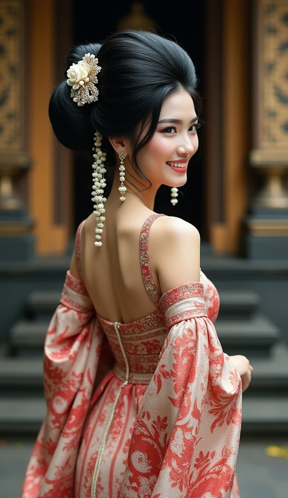 Masterpiece, Best Quality, High Resolution, High Details, Super Detailed, High Quality, Textured Skin, UHD, full body of Japanese wedding woman in kebaya dress traditional and batik skirt, looking at viewer, jewelry on hair, tiny strain white jasmine hair ornaments, ,((full body shot)),from head to toe,with a very big hair bun, (the size of her bun is 6 times the size of her head),very big very big hair bun traditional Javanese hair bun,(circle bun),shiny black hair,,laugh, ((looking back over shoulder ))Ultra-Wide Angle,on Javanese temple