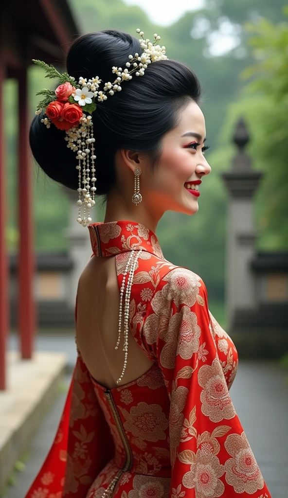 Masterpiece, Best Quality, High Resolution, High Details, Super Detailed, High Quality, Textured Skin, UHD, full body of Japanese wedding woman in kebaya dress traditional and batik skirt, looking at viewer, jewelry on hair, tiny strain white jasmine hair ornaments, ,((full body shot)),from head to toe,with a very big hair bun, (the size of her bun is 6 times the size of her head),very big very big hair bun traditional Javanese hair bun,(circle bun),shiny black hair,,laugh, ((looking back over shoulder ))Ultra-Wide Angle,on Javanese temple