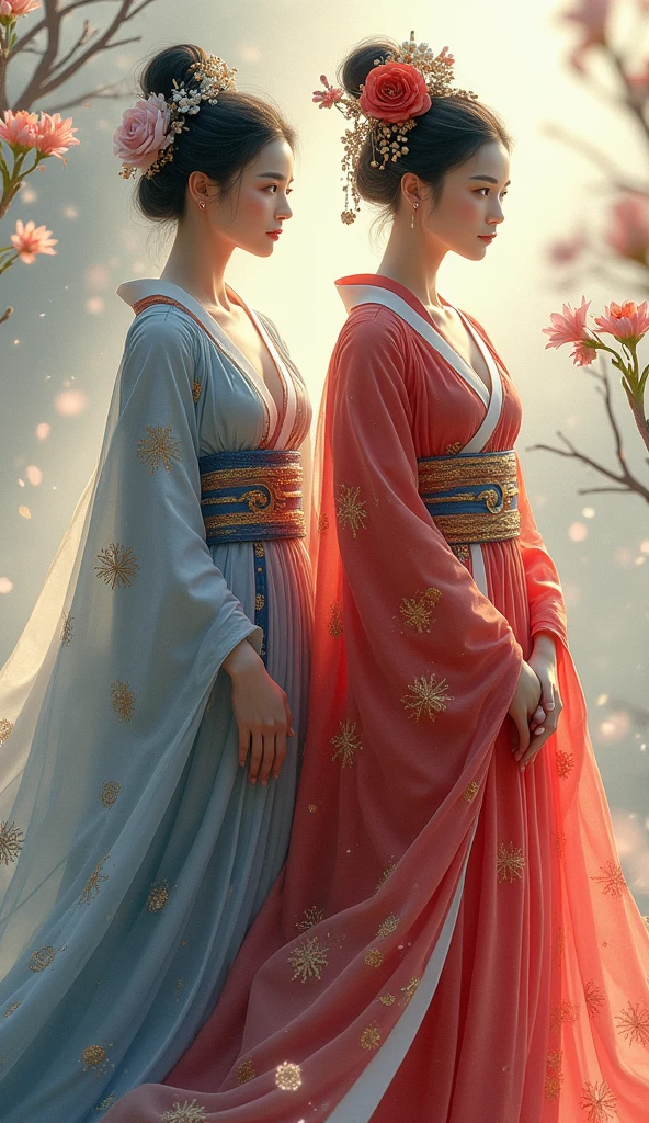 Beautiful Goddess Sisters, whole body, A Japanese goddess dressed in a costume based on the Japanese flag, A Korean goddess wearing a costume based on the Korean flag