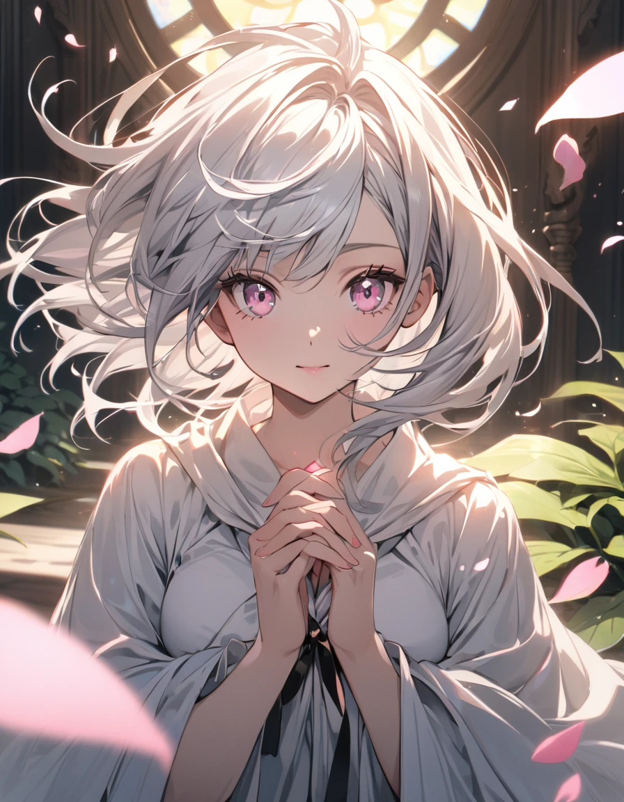 (masterpiece)、(absurdres)、(ultra detailed)、(8k),Anatomically correct,(solo girl),(white hair),shortcut hair,(shiny pink eyes),(middle breast:0.9),(wizard robe),(white dress),BREAK,(yellow hairpin:1.0),BREAK,from front,Laughs and Tears:1.2,long shot:1.4,colorful garden background,Floating Petals:1.2,cinematic lighting:1.3,hair blowing,own hands together:1.1,