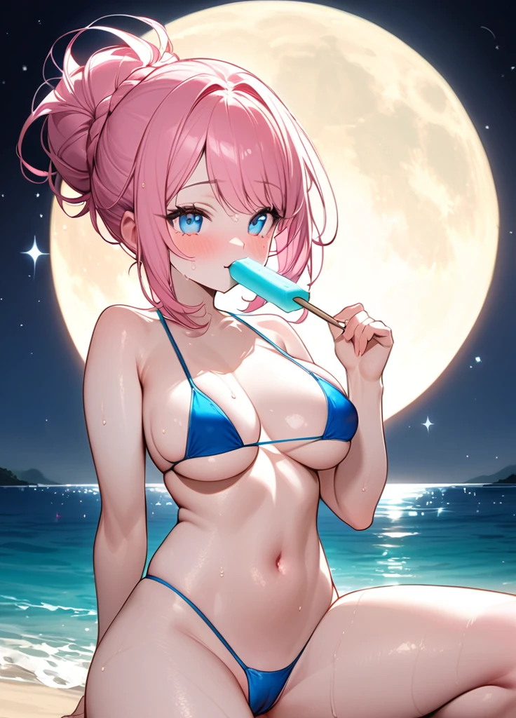 (One girl),(Best image quality, 32K, masterpiece:1.3), Anatomically correct, ((Pink Bob Hair:1.1)),(Swept-apart bangs,Braiding), (Cute eyes, Blue Eyes), (like々Funny face),(Mole under right eye), (thin), (Large Breasts),(Glowing Skin:1.1),(Pale skin:1.2),(Fantasyな雰囲気),(look up),Ultra-high resolution, Textured skin, Sparkle Effect, Fantasy,Bright Eyes,high school student,Wet body,Sweat,

Blue micro bikini,

nightの浜辺,moonlight,Ocean,Sandy Beach,night,full moon,

Eating a popsicle,Drooling,

Knee Up,Standing on tiptoes,Spread your legs,Spread your legs,Emphasize the crotch,Brush your hair up with your hands,A seductive smile, 