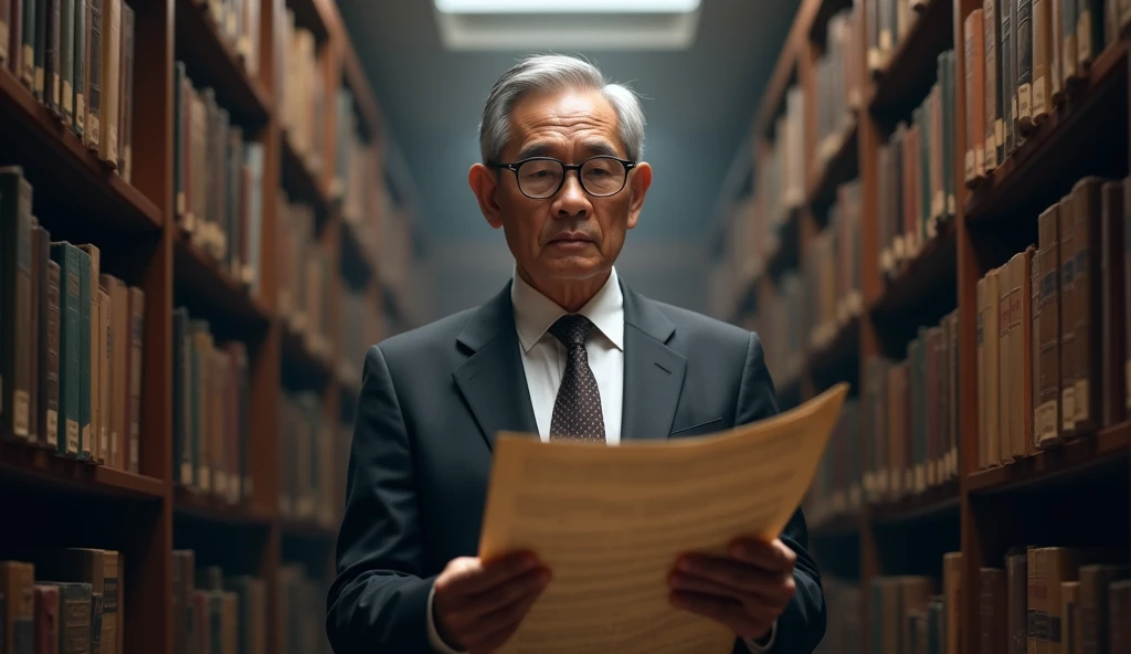A middle-aged Thai man with thinning gray hair and glasses, dressed in a neat, professional suit. He stands in a university library, surrounded by old books. His expression is thoughtful and cautious as he holds an old document, a faint air of worry on his otherwise calm face.