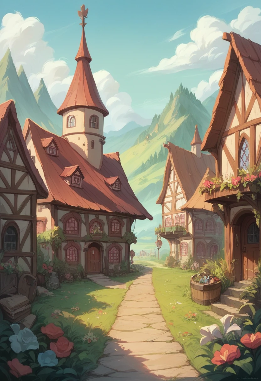 ((masterpiece)),((Highest quality)),((Attention to detail)),((Realistic,)) ((Super detailed)) Medieval small town landscape, Cartoonist's illustration, aerial photograph, Beautiful sky, Deformed clouds, 1.3:pine tree, tower.NSFW,Birdman,Big Breasts,