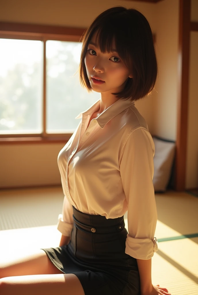 Highest quality、Ultra-high resolution、Sharp focus、The depth of the writing world、(Excellent anatomy:1.2)、(Photorealistic:1.4)、(1 Japanese Office Lady:1.3)、Black Business Closer Rack Blazer、Grey tight skirt、High heels、Narrow Face、Thin thighs、so beautiful、elegant、luxury、sexy、Physically slim、short hair、((View your viewers))、 Looking into the camera、On the sofa in the conference room、((Sleep on your back))、((Spread your legs:1.4))、(Under the skirt:1.3)、(A woman rolling up her skirt)、Laughter:.0.6、(Beautiful female genitals、Emphasis on female genitalia、Woman showing off her genitals、Photos focusing on female genitalia、From below撮影)、(From below)、((Crotch close-up:1.88))、((From belowの画角:1.75))、Disheveled clothes、Beautiful nipples、、Visible nipples、