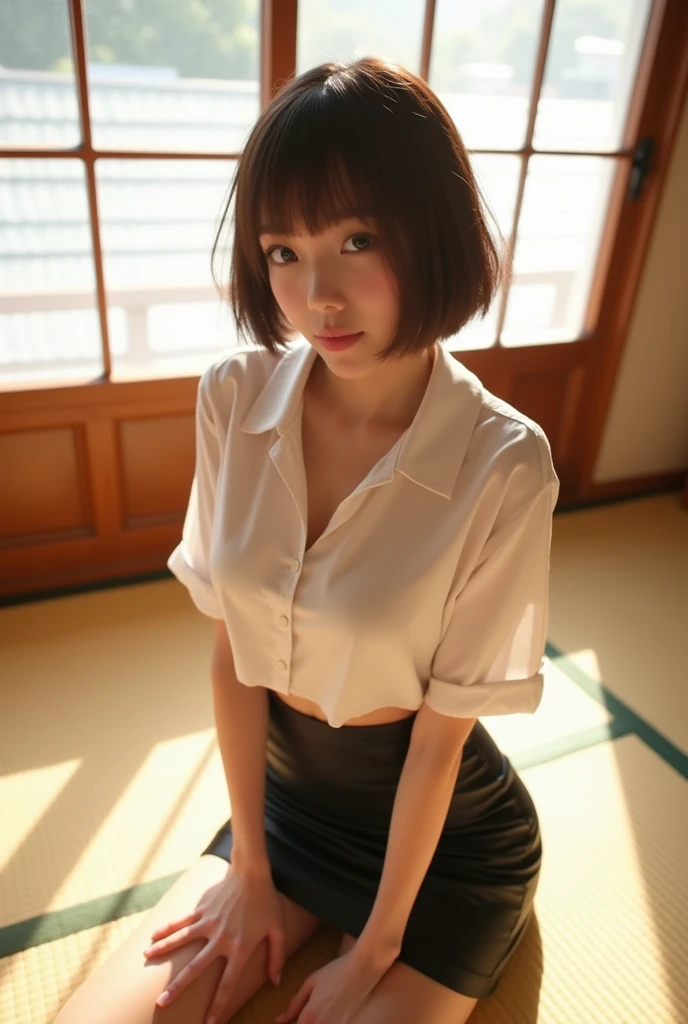 ((Japanese Idols))　((Plump and Shiny Lips))　Big Breasts　((Short brown hair with bangs))　((Looking into the camera))　Sit with your legs apart　((White button shirt and black enamel tight skirt))　　Low-angle shot of a person standing facing forward　look down　((A bedroom with shoji and tatami mats lit up in sun shine))