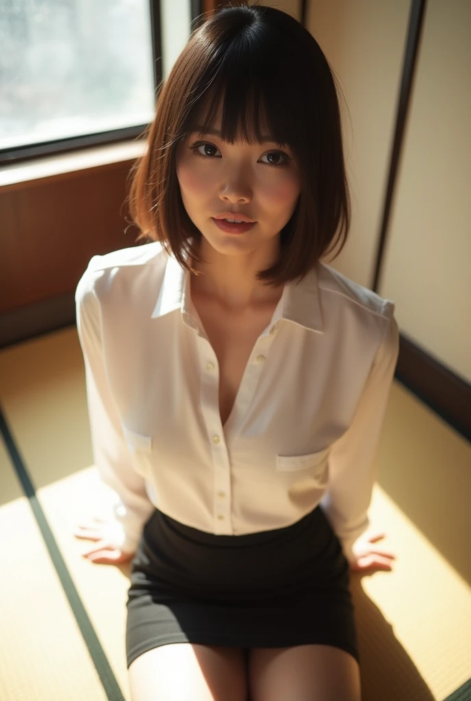 ((Japanese Idols))　((Plump and Shiny Lips))　Big Breasts　((Short brown hair with bangs))　((Looking into the camera))　Sit with your legs apart　((White button shirt and black enamel tight skirt))　　Low-angle shot of a person standing facing forward　look down　((A bedroom with shoji and tatami mats lit up in sun shine))