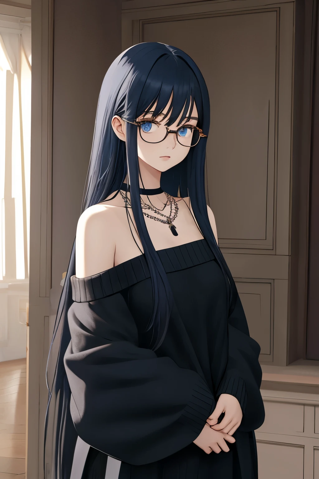 1 girl in, 19yearsold, standing alone, long hair, Colossal , looking ahead at viewer, Bblack hair, bared shoulders, blue colored eyes, jewerly, whole body, a necklace, off the shoulders, Sweaters, realisitic, A sexy, glasses, gothic, pale skin