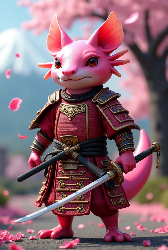 Anthropomorphic pink adult axolotl in samurai armor with a katana in his right hand, with a Sakura tree behind and a mountain in the background