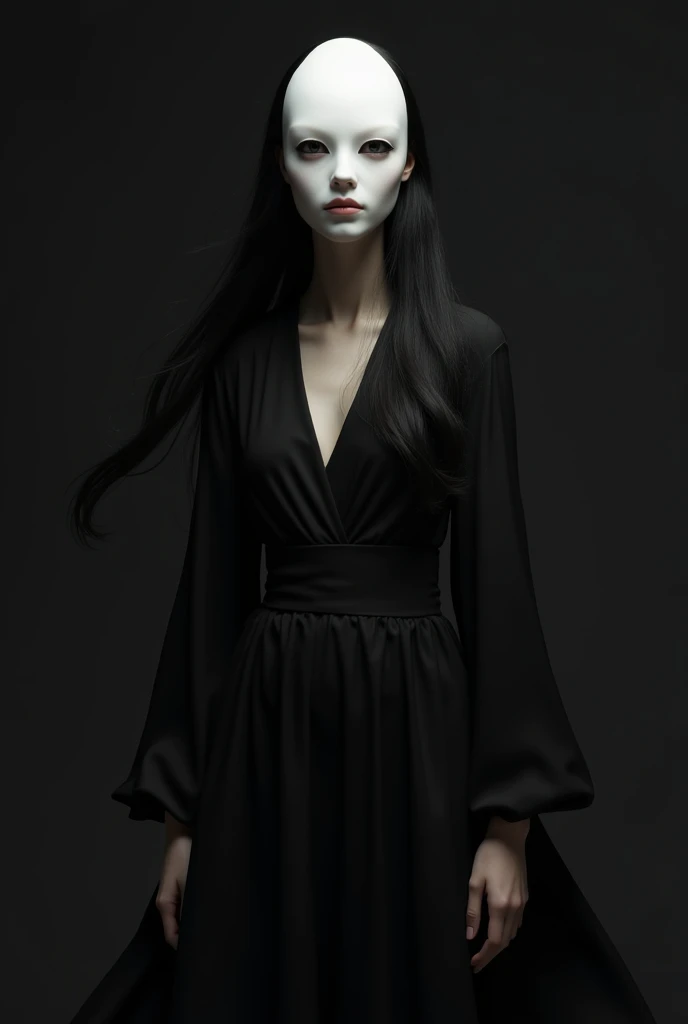 Make a woman with a white mask with neutral emotion, long hair wearing a black dress 