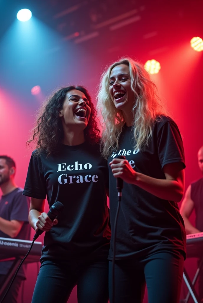 (GOOD QUALITY, : 1.3),brown male and female singer singing pop techno, yelling: 1, lights: 1.5, hair stuck, hair blonde: 1.3, (holding microphone: 1.2), Shirt with Echo Grace written on it, comely, red and blue, Face ultra detailed, band playing keyboard and drums in the back detailed, praising God, feeling the presence of God.