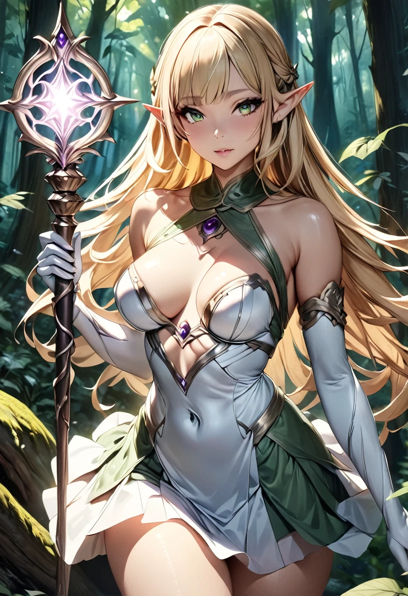 (Perfect Anatomy)、Mastepiece、Ultra High Quality、 8k、Photorealistic、masterpiece、Highest quality、Ultra-high resolution、Maximum resolution、Very detailed、Professional Lighting、anime、Adult female、thin、so beautiful、Elf、Blonde、White Armor Dress、Green pattern、High leg、mini skirt、Magic wand、staff、in the forest