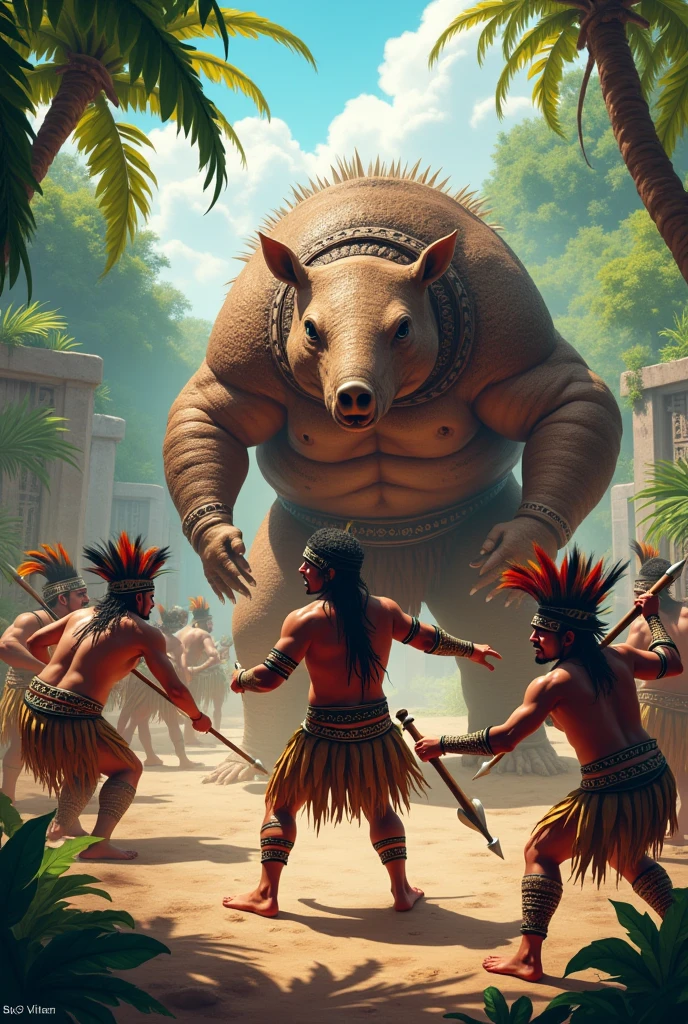 Create a group of pre-Hispanic thieves fighting a full-size brown armadillo, uses a semi-realistic style, cartoon,Fantastic