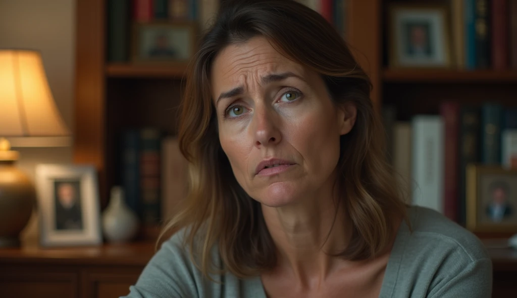 An ultra-realistic portrait of woman in her 40s, with light brown hair and expressive eyes that reflect worry and weariness. Her face shows signs of mourning and apprehension. She is wearing a simple neutral-colored blouse. She must be looking at the camera. The woman is in a home office, with bookshelves and family photos in the background. The environment should be visible, but blurred so as not to distract from the main subject. The lighting should be soft and diffused, with warm light coming from above, creating subtle shadows that accentuate the woman's worried expression. The light should highlight the eyes and the texture of the skin, emphasizing the seriousness of the situation. The image should convey a sense of concern and apprehension, with a touch of tension. Suggest a warm color palette, such as browns and golds, that complements the warm atmosphere of the office. The photo should be of high quality, with 8k rendering and extreme detail, maintaining the desired atmosphere and capturing the emotional essence of the moment.