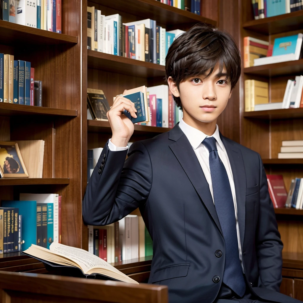 Young man in suit, Study room with bookshelves, He is looking towards me while showing off his book., Medium Hair, She has her bangs down