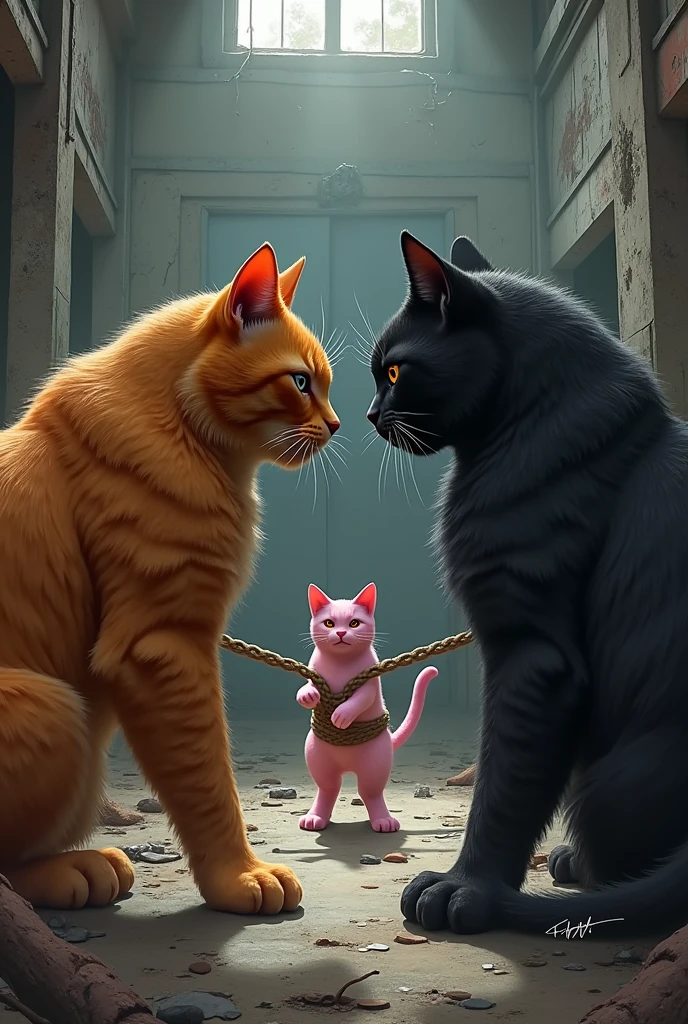 Inside a dilapidated warehouse, the muscular orange cat faces off against the leader of the black cats. The pink cat is seen tied up in the background.