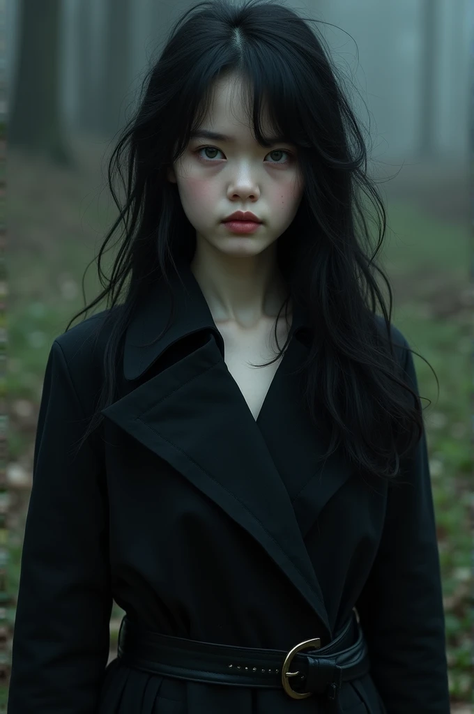 ung women, long messy hair, her hair are black, serious, soulsborne, grey eyes, high res, high quality, 8k, wearing a black long coat, has a belt, she has a pale skin, dark fantastic