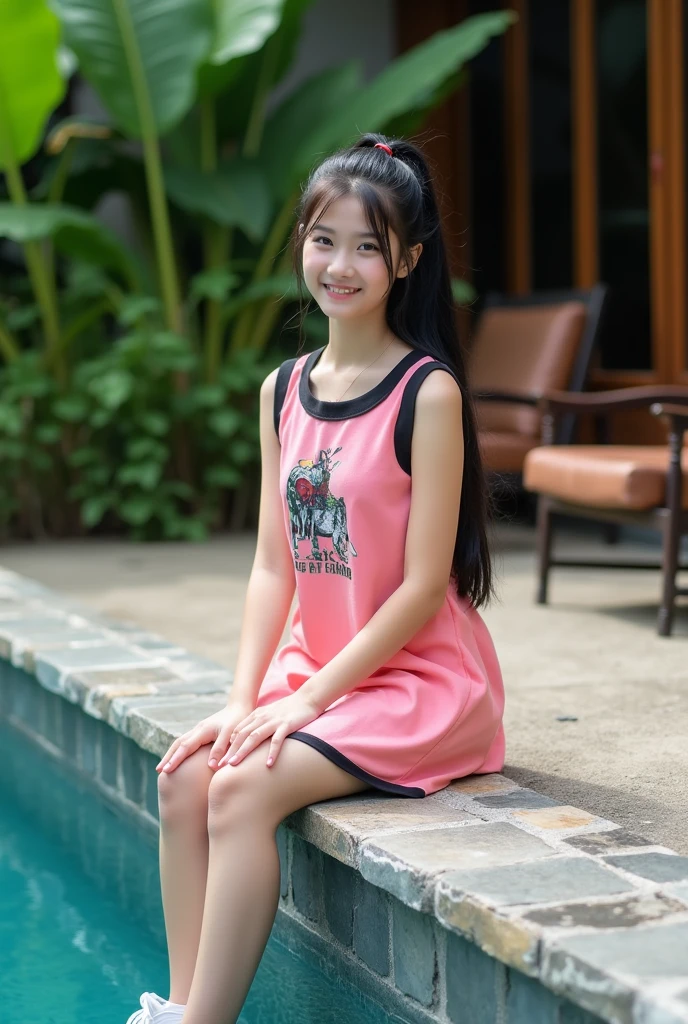 Image is a lifestyle photograph featuring a young woman with fair skin and long black hair styled in a high ponytail. She is sitting on the edge of a stone-bordered pool, wearing a sleeveless pink dress with black trim and a graphic design on the front. She has white sneakers on her feet. The background includes lush green foliage and a wooden structure with a chair visible. The setting appears to be outdoors, possibly in a garden or resort area.