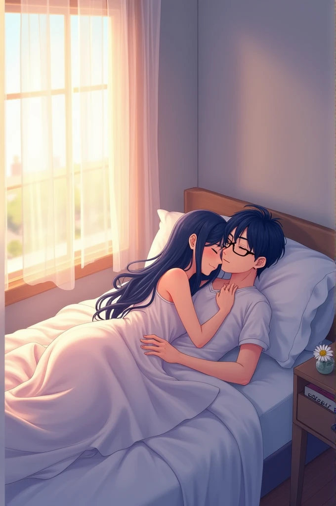 anime, waking up in bed, woman with long navy blue hair and man with short black hair with glasses