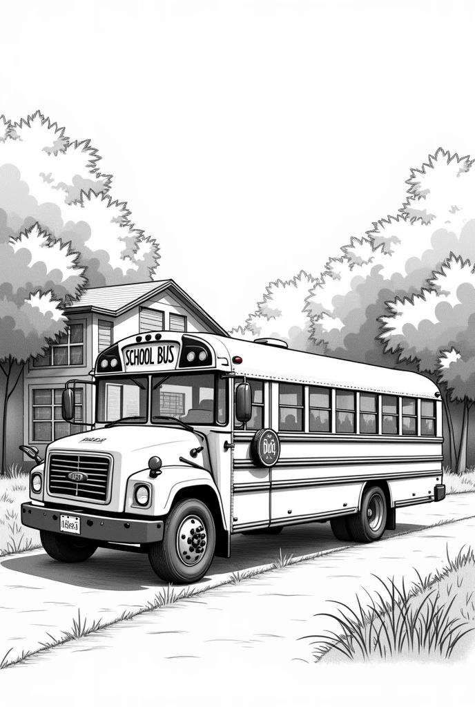 Please, Create a black and white drawing of a school bus with large windows and the sign 'School Bus' on the side. The bus should be stopped in front of a school with trees in the background, and leaves room for children to add students or more details about the environment.