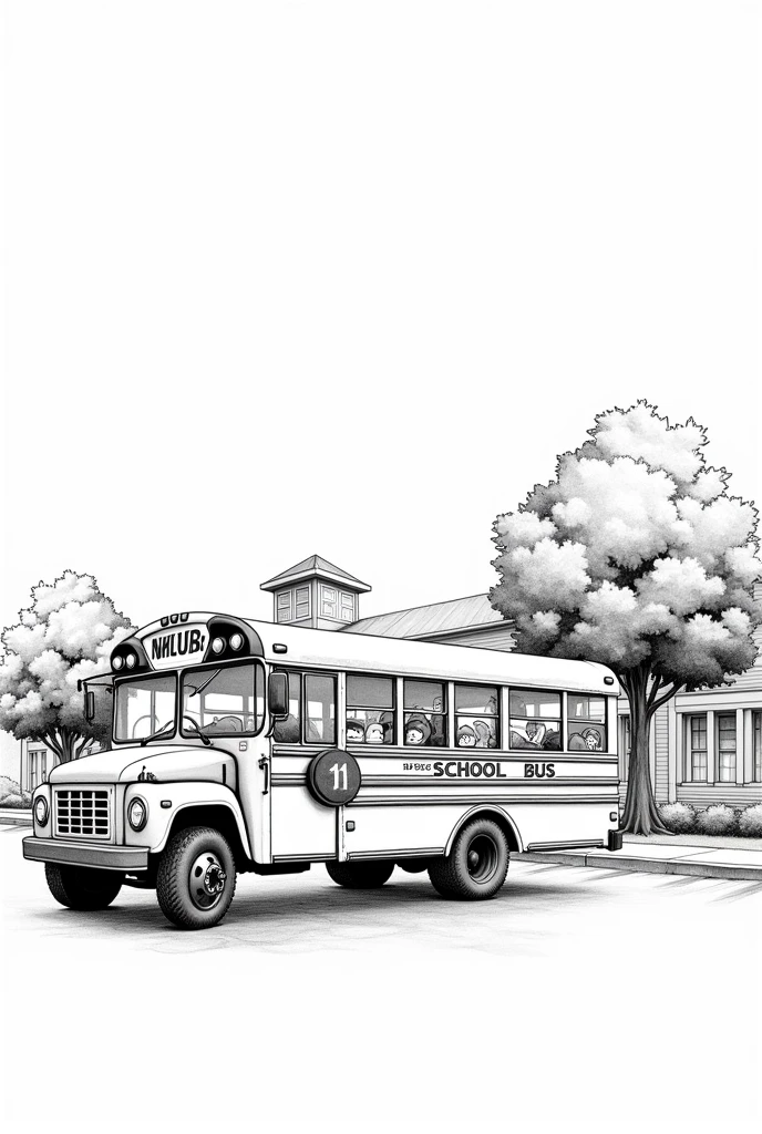 Please, Create a black and white drawing of a school bus with large windows and the sign &#39;School Bus&#39; on the side. The bus should be stopped in front of a school with trees in the background, and leaves room for children to add students or more details about the environment.