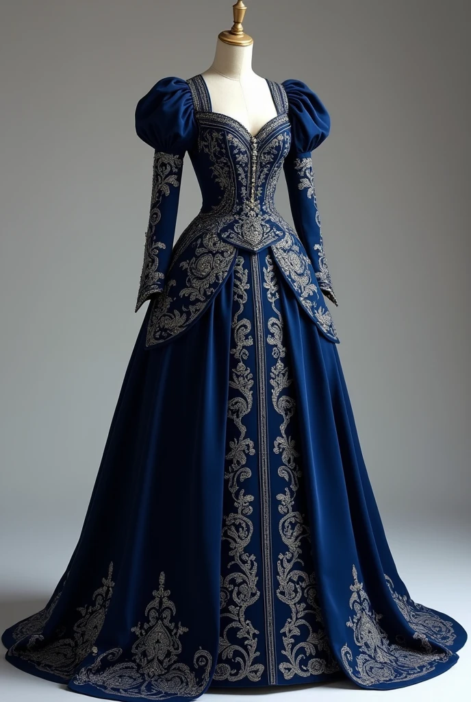 Generates the image of a Victorian and Gothic style 15th birthday dress, Navy blue with gold applications, the skirt that has many layers of tulle in different shades of dark blue, that in these there are different applications in gold such as stones and flowers, gold lace on the edges of some of these, The neckline of the dress is heart-shaped., It has several small stones in the east that make the shape of the bust stand out, also around the entire corset and has more gold stones and a large central one at the lower tip of the corset, On the sleeves they are like fallen tulle and have several blue stones hanging from them (The theme is a masquerade ball so the dress must be very stunning., glamoro, without losing elegance and without looking too rough)