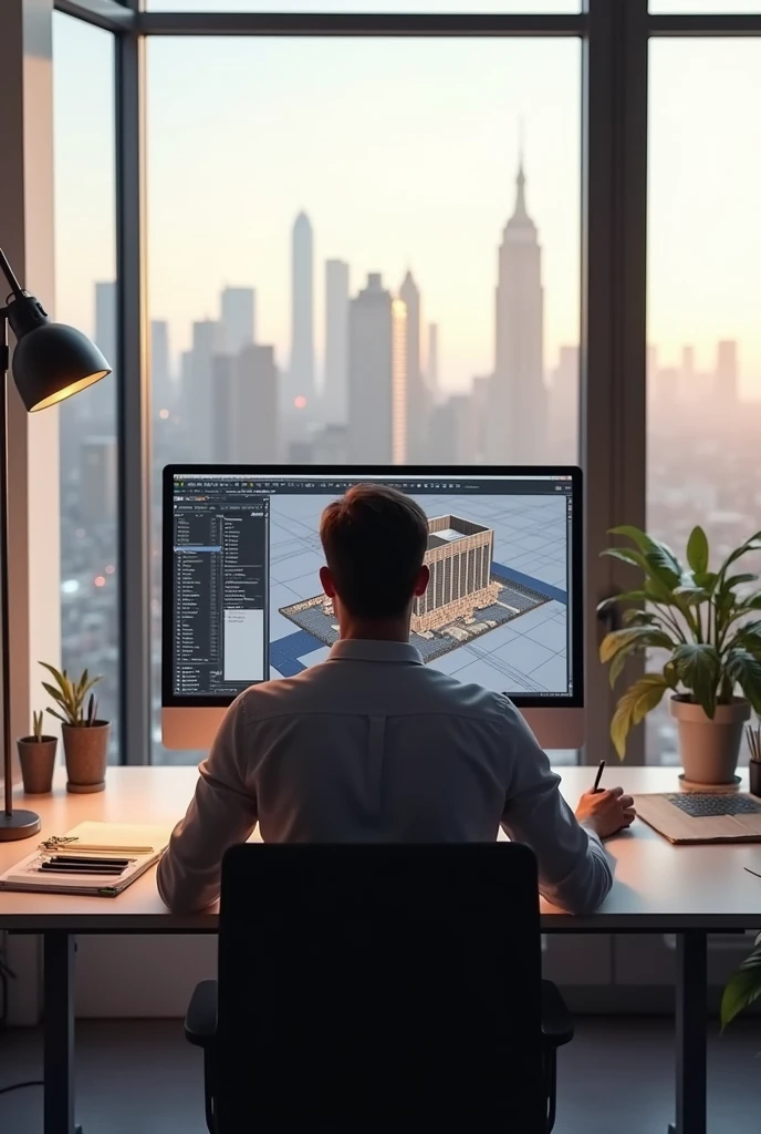 Create an architect on the computer by rendering from behind on the computer