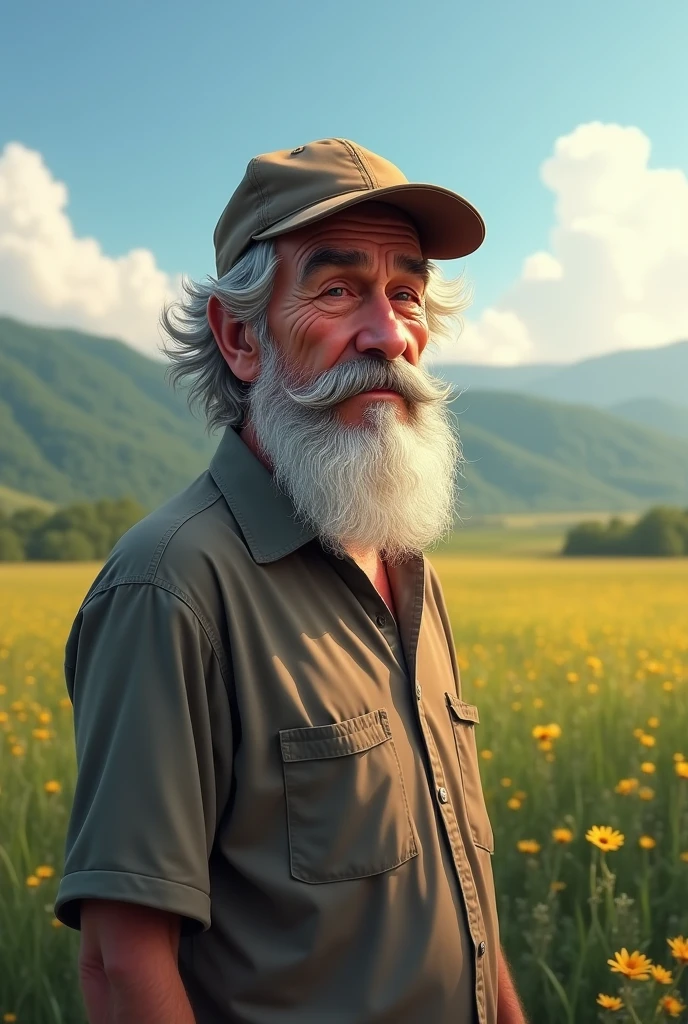 a portrait of an old man wearing a shirt, upperbody, standing in fields, (mwvector), baseball cap, vector, thick mustache, long beard, 8k, high quality, photorealistic, detailed wrinkles, detailed facial features, detailed texture