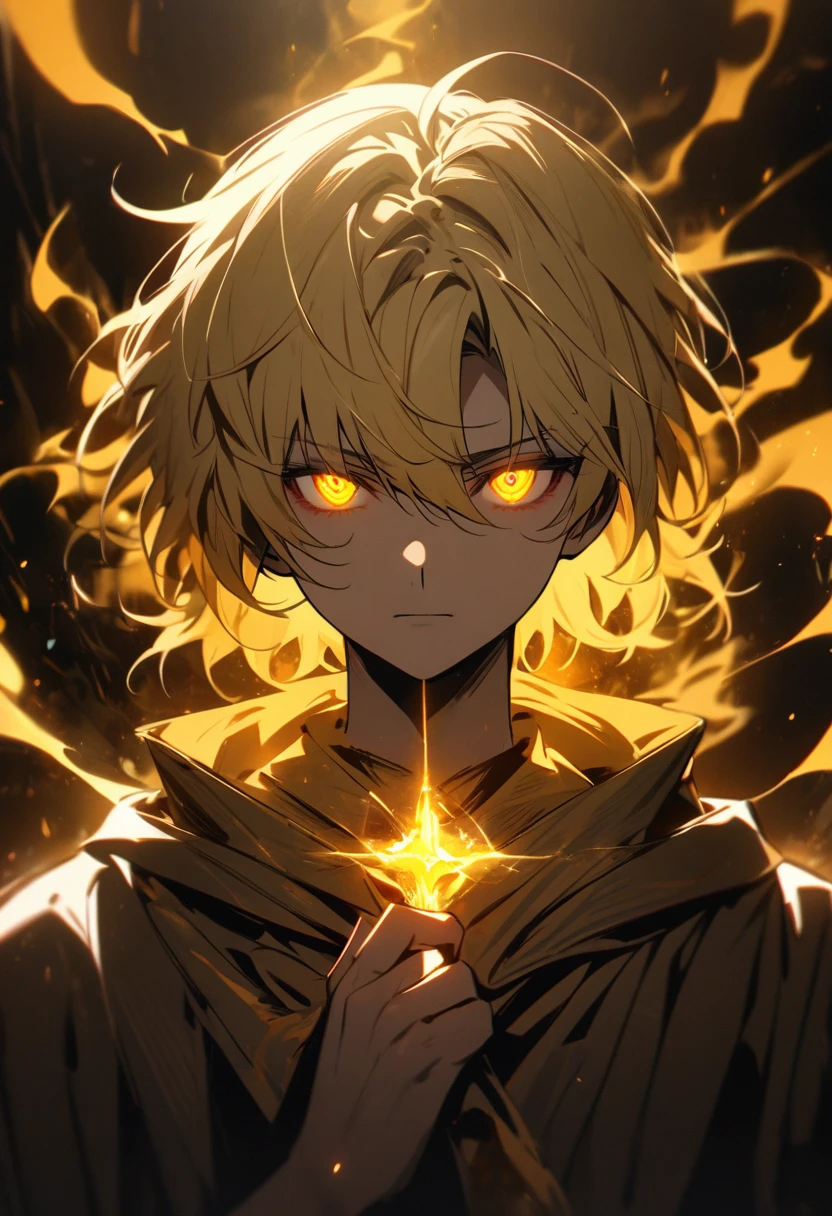 male, solo, god, golden aura, blond hair, glowing eyes, god eyes, no eyeball, Christs, beautiful color, short hair