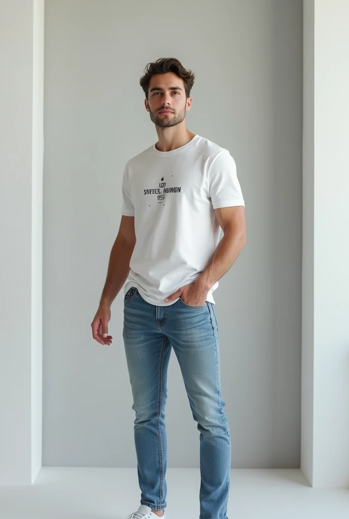 a man standing with a mochup t-shirt