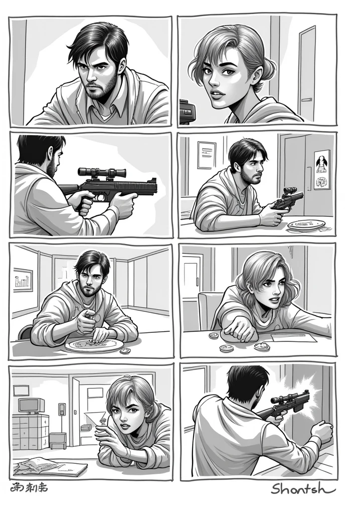Draw a very simple hand drawing of a storyboard of this story in black and white, write the incident ongoing under each drawing
- A Steadicam shot of a man following another man through a villain's base
- Action: the man takes out the guards guarding the place and avoids detection
- Close-up shot of the man's face, showing his focus
- A Medium shot of a girl showing her skills
-
- Action: the girl hacks into a computer system
-
- An Over-the-shoulder shot of a man highlighting their teamwork
-