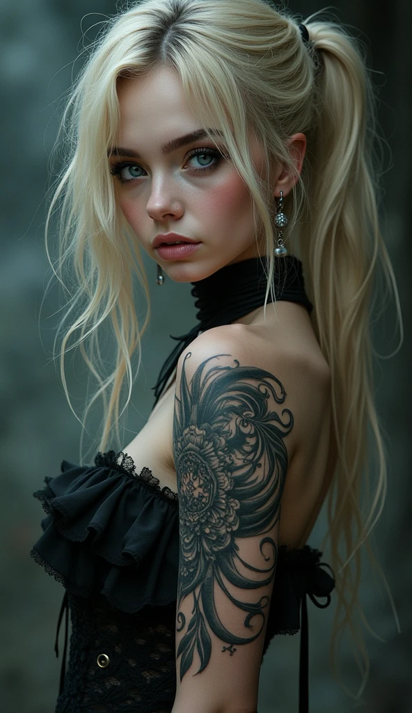 Closeup of a woman with a tattoo on her arm, Gothic art, Gothic art style, gothic fantasy art, gothic aesthetic, gothic girl, gothic girl, neogothic, beautiful digital artwork, awesome digital illustration, gorgeous digital art, gothic girl face, artistic style tom bagshaw, goth face, gothic woman, gothic - cyberpunk, dark but detailed digital artSmile, blue eyes, blond hair,