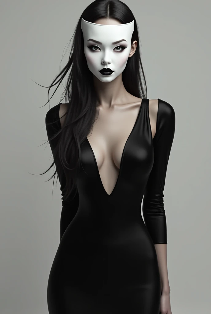 Make a woman with a white mask black mouth with neutral emotion, long hair wearing a black dress