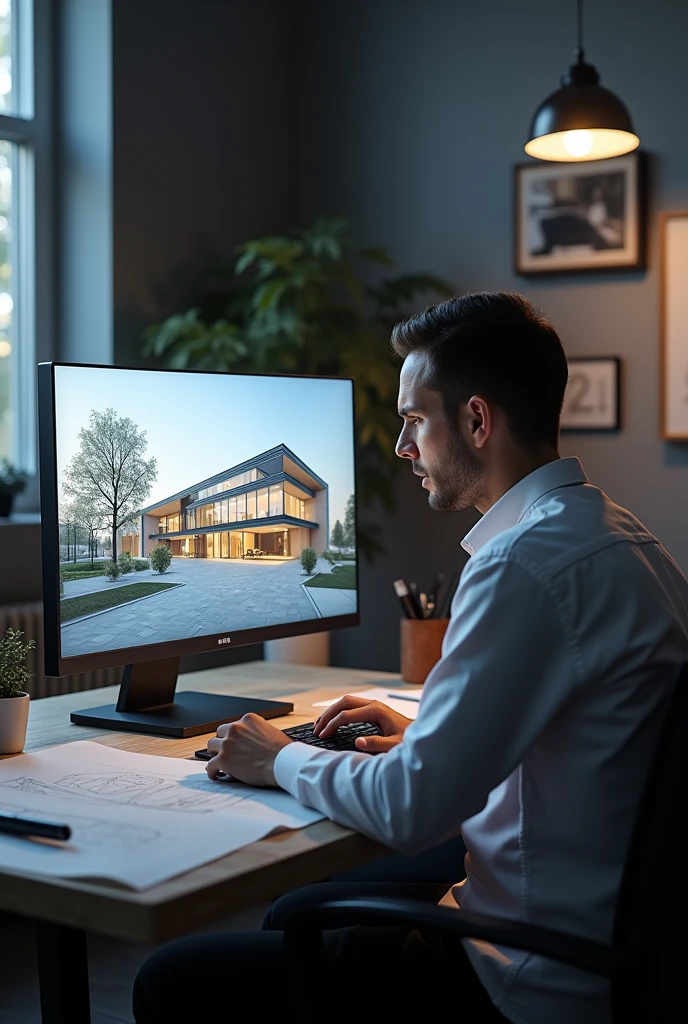 Create an architect on the computer by rendering a building from behind on the computer