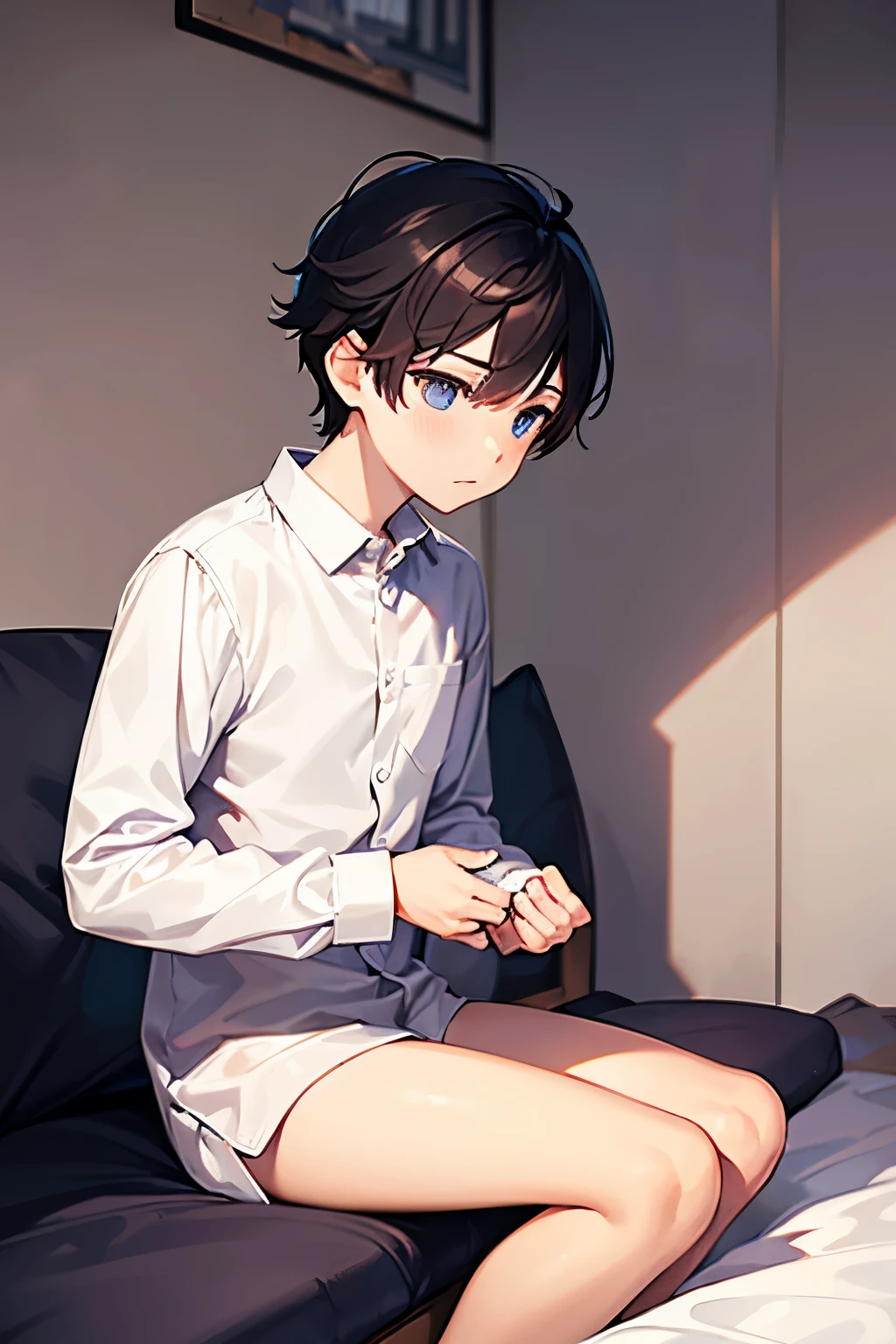 a boy sitting in a bedroom, wearing a white long sleeve shirt and blue underwear, viewed from the side,