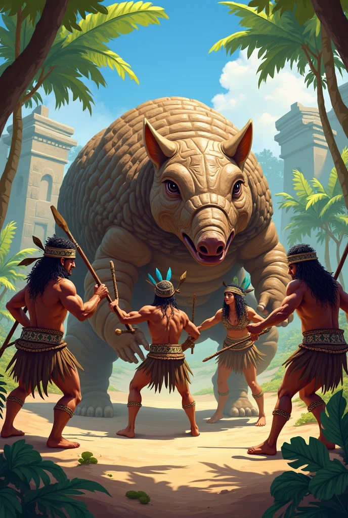 Create a group of pre-Hispanic thieves fighting a full-size brown armadillo, uses a semi-realistic style, cartoon,Fantastic