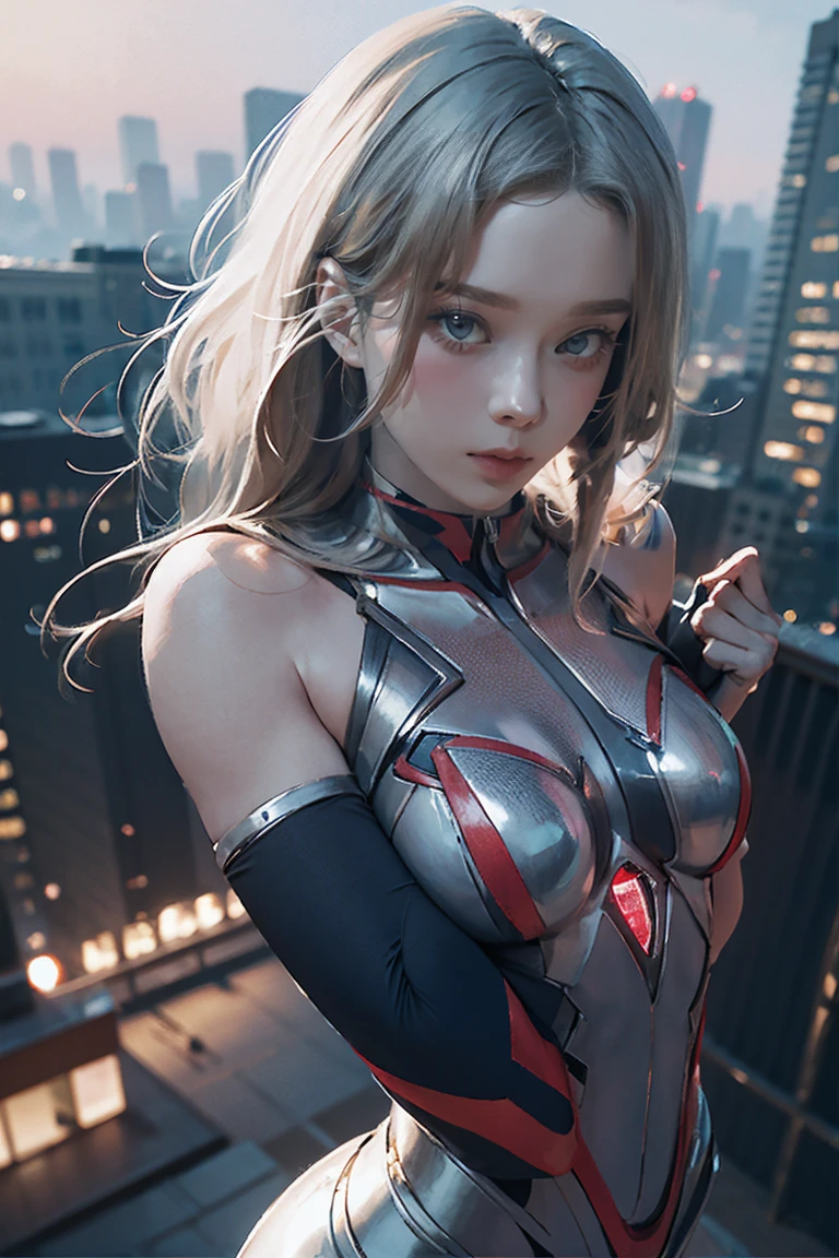 (masterpiece、Great quality、Very delicate、High resolution)、Focus on women、(((New Ultraman)))、((No muscles)))、(Thin head、Body Silver、Streamlined Arm、Looks tall and skinny、The overall shape is feminine and modern..)、(fisting)、Model pose、High Angle、Dark Night、City Ruins、Background details、(((whole body)))、Looking down from above、(((A sense of greatness)))、Women's body types、Large Breasts