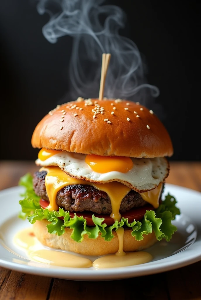 I would like a picture of a juicy burger, with soft golden bread, Smoke coming out. The burger has thick meat, grilled, 90g, with egg without yolk, melted mozzarella cheese dripping over the meat, Fresh American lettuce, green and homemade mayonnaise. I would like the burger on a white plate on a wooden table