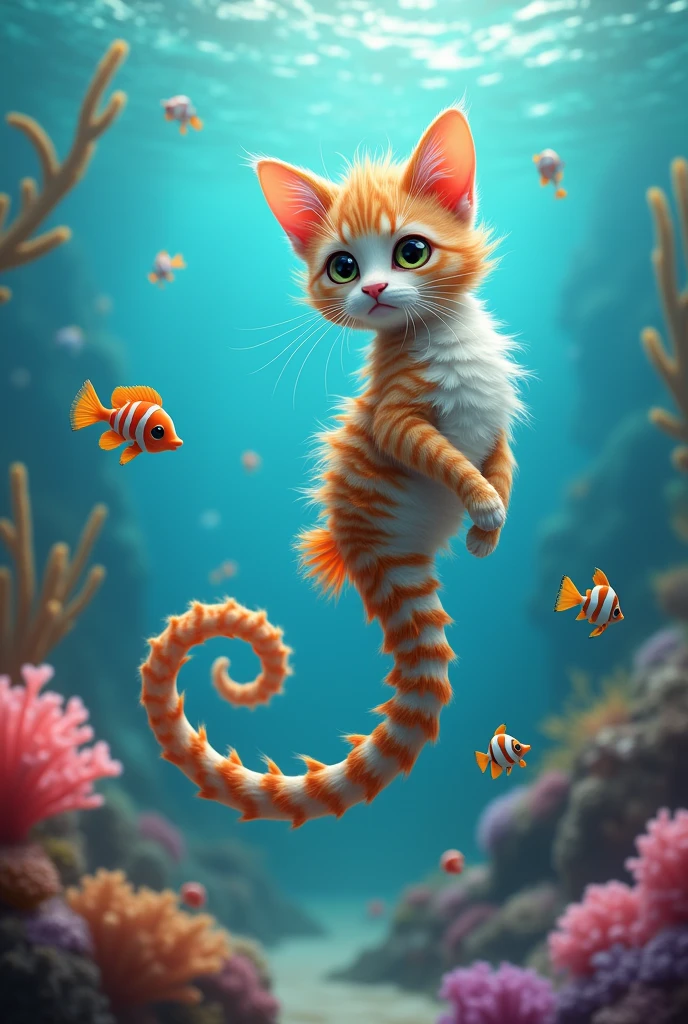 Cat + Seahorse hybrid fusion A cat with the delicate, curling tail and flowing fins of a seahorse, floating in a coral reef.