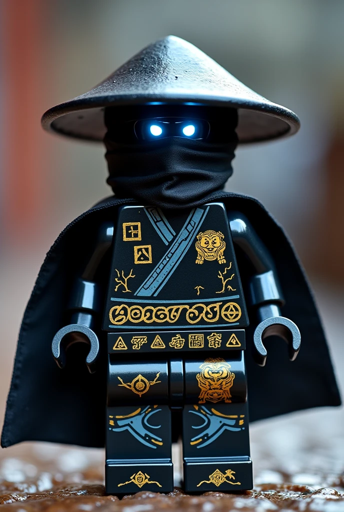 Créer moi un lego ninja go avec pas de muscles et ni de masque le premier maitre du spijisufuturiste de la dernière puissance fusionnaire et doit être en lego un ninja avec un chapeau de paille noir, avec un bandeaux en métal noir cachant la bouche avec une cape noir derrière le dos sombre et avec une peau noir sombre et un regard terrible avec des yeux en éclair bleu avec une puissance incroyable avec comme puissance élémentaire l’électrique, l’énergie, la terre, le feu, la glace. Les habits du ninja doit être tout noir avec des traces grise bleu foncé avec des reure en forme de force, d'électricité, de feu en or et des écritures japonaises et le parchemin antique du spinjisu interdit sacré le plus puissant en golden avec plusieurs symboles de lions en or sur le torse. Un ninja imbattable monstrueux beaucoup trop puissant qui contrôle tous les pouvoirs élémentaires. Le ninja doit être destructeur et soif de victoire un gentil et méchant. Avec le parchemin du spinjisu interdit sur le dos et dans la mains