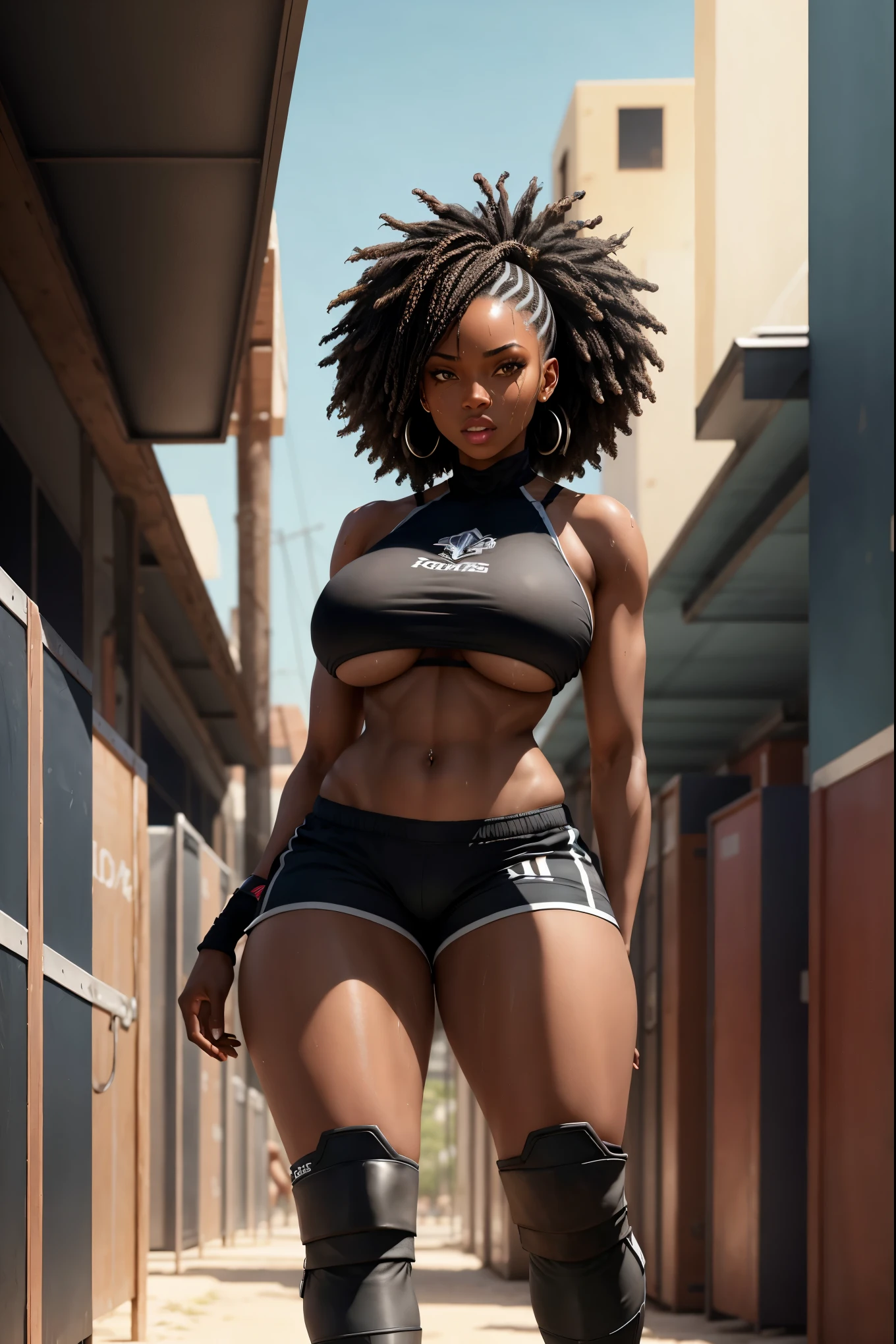 black female, ebony skin, big boobies, big-ass, facing the viewer, underboob tube top, body-hugging esports shorts, football boots, with hands on waist, Looking at Viewer, in a women&#39;s locker room ((body all sweaty))