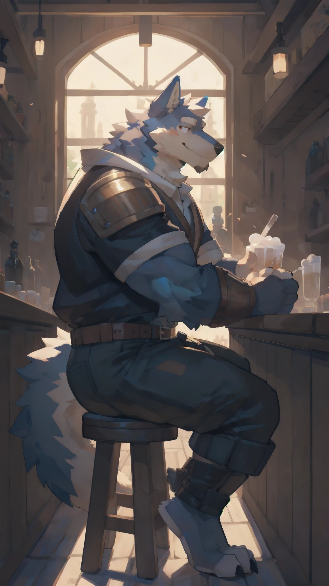 Solo, male, sitting at tavern, bulge, by bigcozyorca, by goonie-san, by bebebebebe, by spikedmauler, side view, big buff , wolf tyrannosaurus hybrid, black fur, cream fur on stomach, bushy tail, buff, wearing brown fantasy leather armor, tall, masculine, bulge, sexy, sexy expression