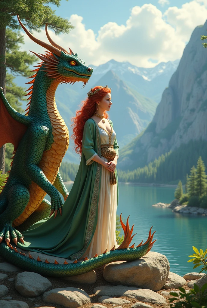 I want a landscape with a dragon and a princess and it should be realistic, not too animated., They are both friends and the princess is a redhead. They are both adults.